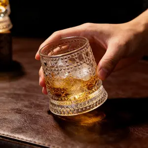 360° Rotating Whiskey Glass Tumbler, Spinning Crystal Wine Glass with Stress Relief Function, Stable Decoupled Base, Exquisite Embossed Patterns for Scotch,Bourbon,Cocktails
