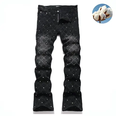 Y2K men's stretchy slim fit jeans with sparkling rhinestone embellishments, casual street style hip hop skate rap denim pants, machine washable suitable for all seasons