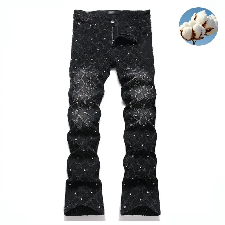 Y2K men's stretchy slim fit jeans with sparkling rhinestone embellishments, casual street style hip hop skate rap denim pants, machine washable suitable for all seasons
