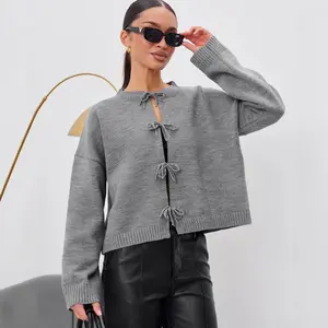 European and American casual loose-fitting cardigan with ties, solid color knitted sweater for women