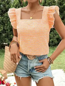 VCAY Summer Gingham Top: Orange Check Print, Square Neck, And Cap Sleeves,Cute Summer Tops,Summer Clothes ,