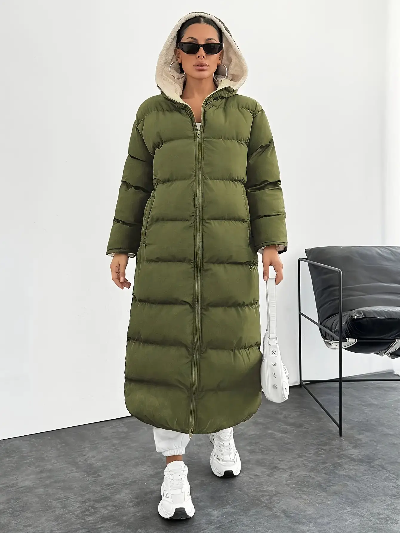 Women's Elegant Long Puffer Coat - Black, Windproof Hooded Winter Jacket with Side Pockets, Machine Washable Polyester, Perfect for Cold Weather Outfits, Casual Elegant Wear |   Hooded Puffer Coat |   Polyester Jacket, Puffer Jacket