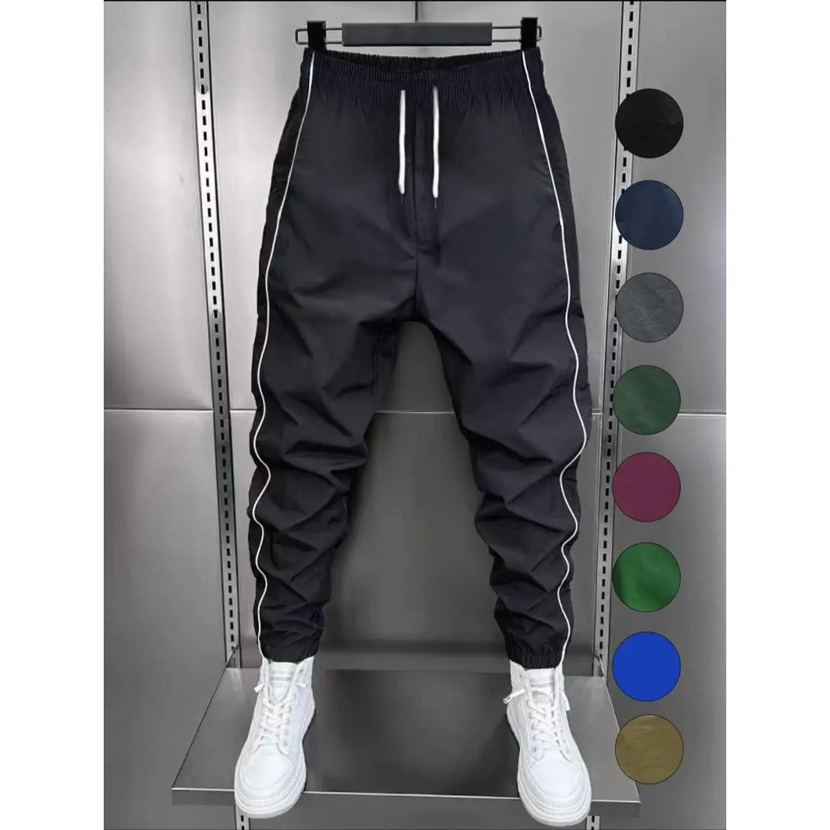 YYW1 Men's Woven Jogger Pants with Side Zip Stripes, a Loose Fit with Drawstring Waist and Elastic Ankles for All-Season Wear, Casual, Striped, Xxl, Woven Fabric, All Seasons, Loose-Fitting, Elastic Cuffs, Elastic Waistband, Side Stripes