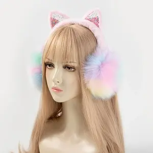 1pc Cute Cat Ear Headband with Fluffy Pom-Poms - Pastel Pink & Blue, Warm Folding Ear Muffs for Teens & Adults, Soft Polyester Hair Accessory for Cosplay, Halloween, Themed Parties, Cat Ears, Party Headwear, Playful Design, Comfortable Fit,