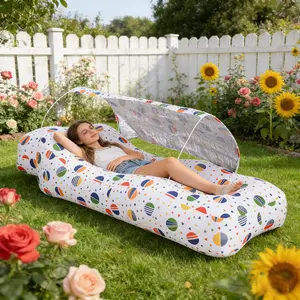 Inflatable Lounger Air Sofa with Sun Shade Design Portable Air Couch Ripstop Polyester Stability Pegs Built in Storage Easy Carry Included Pump