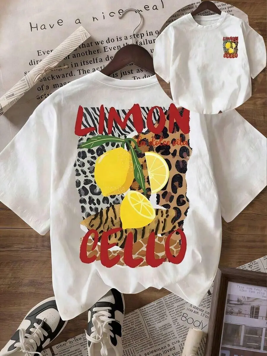 Limoncello Leopard Print T Shirt La Dolce Vita Italian Lemon Graphic Tee Vintage Tiger Zebra Animal Print Oversized Summer Top Double Sided Fruit Aesthetic Women’s Casual Tee Trendy Mediterranean Vacation Tee