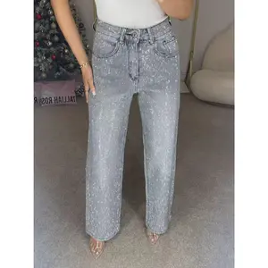 Women's Full Rhinestone Washed Fashion Jeans High Waist Straight Leg Hot Girl Outing Pants Shiny Debut