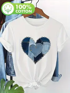[Printed Pants - Not Denim Fabric][Imitation Denim]Faux Denim Heart-Shaped Print T-Shirt, Pure Short-Sleeved Round-Neck Casual Top, Regular Length, Suitable For All Seasons, Wo Wear