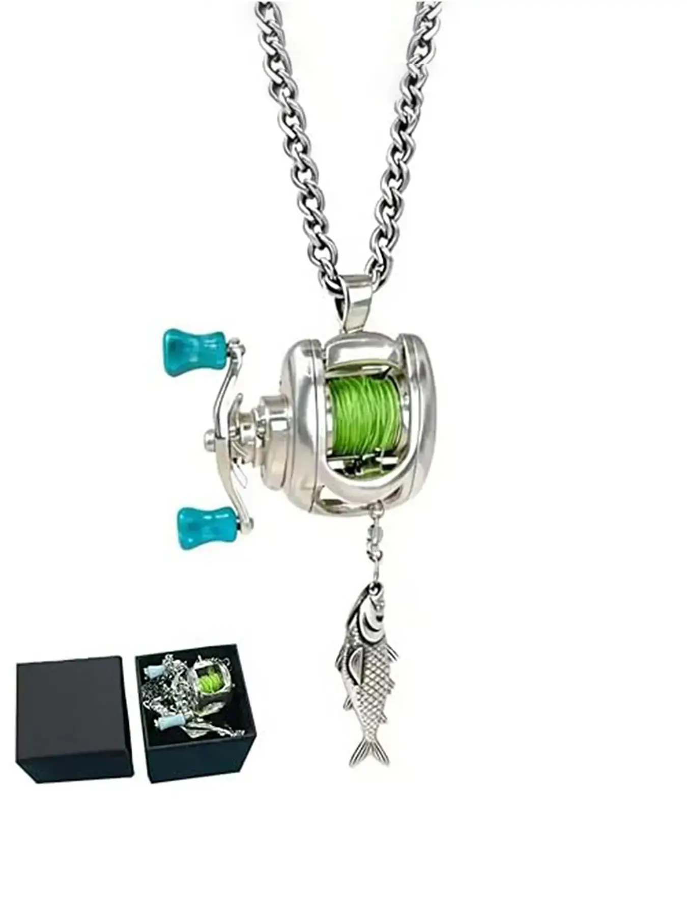 Fishing Theme Mini Reel Necklace with Rotating Handle, Detachable Line Ring, Spinning Wheel Keychain, Portable Lure Pendant, Cuban Link Design Chain, Fishermen Gift Item