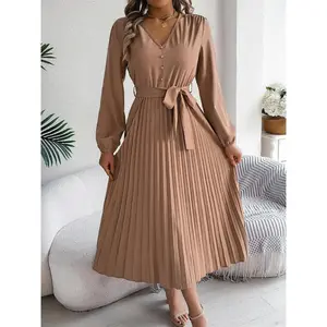 Women's Plain Pleated Belted Button A Line Dress, Modest Style Dress, Casual Bishop Sleeve V Neck Long Dress for Spring & Fall, Women's Clothing for Daily Wear