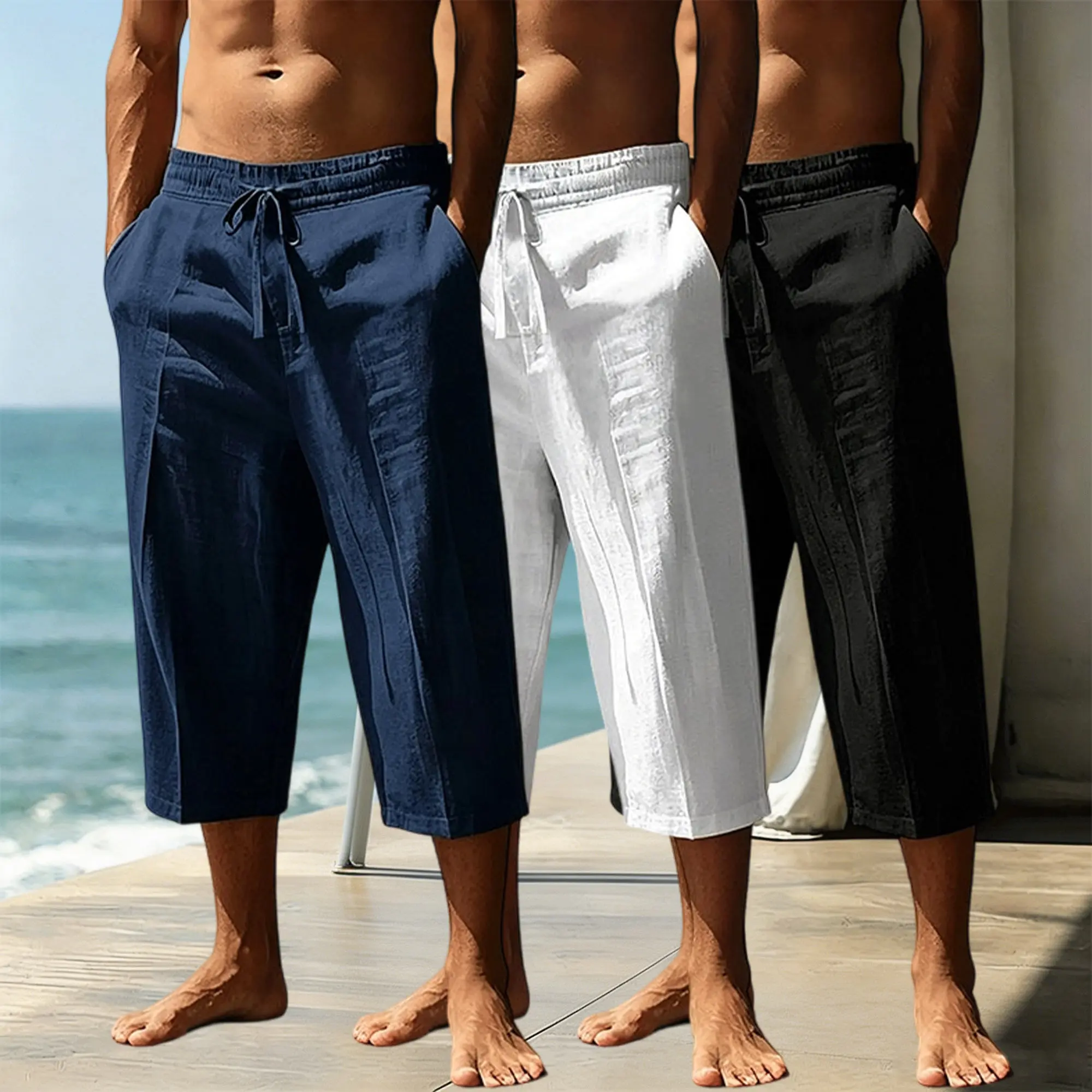 3 Pack Men’s Linen Pants – Tencel Lyocell Casual Mid Length Shorts, Summer New Arrival, Loose Fit, Breathable, Comfortable Drapey Fabric, Men’s Bottoms