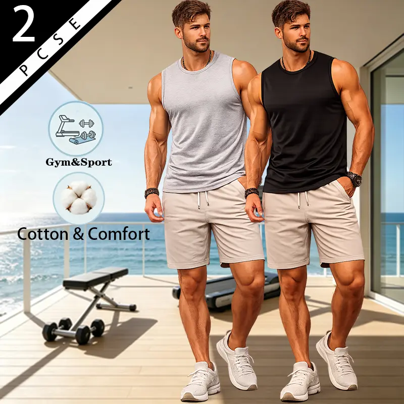 Tank Tops for Men 2 Pack 100% Cotton Sleeveless Shirts, Ultra Breathable Moisture Wicking Soft Comfortable, Loose Fit Crew Neck, Fashion Versatile All Match Undershirts for Gym Workout Running Beach Casual Daily Summer Wear