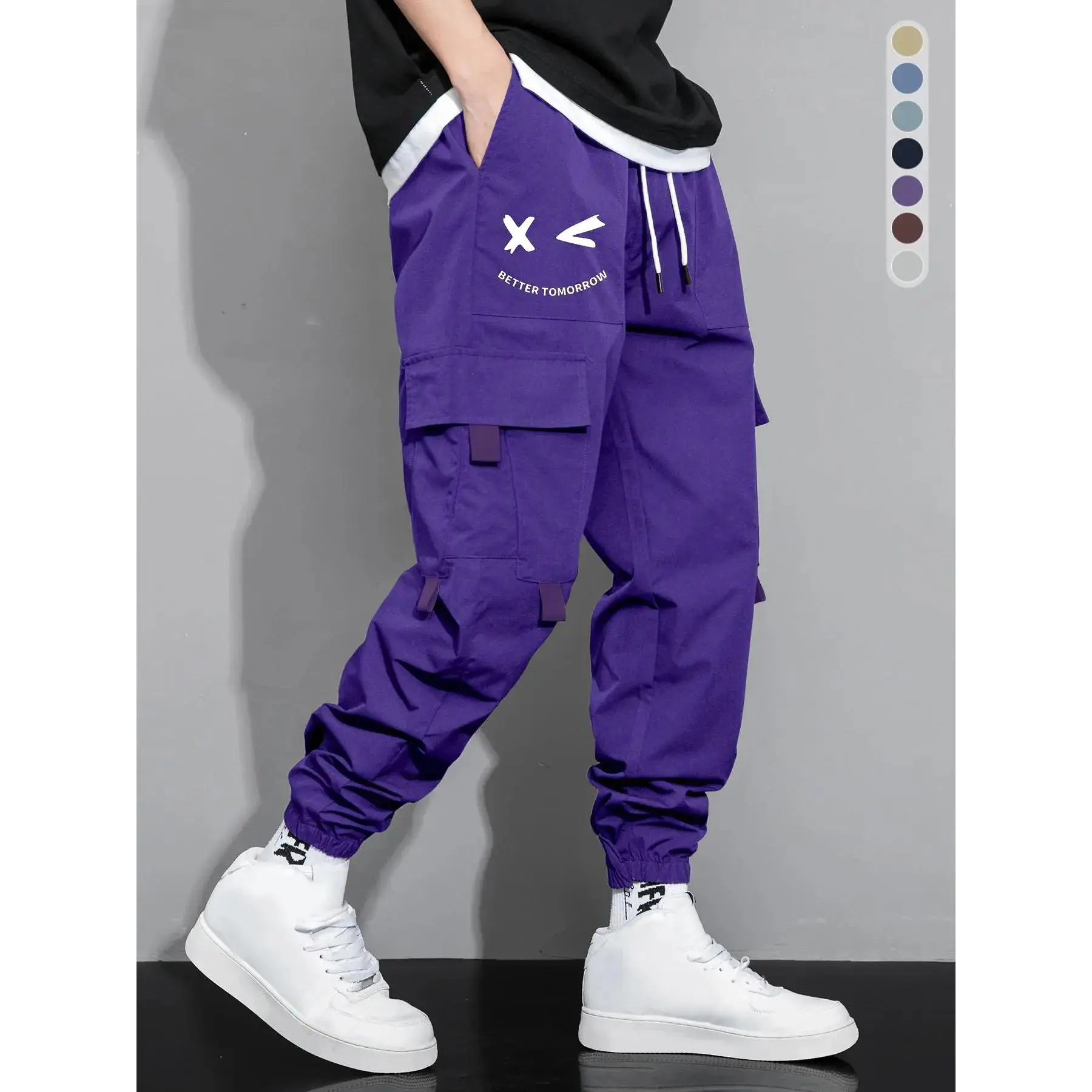 Men's Cargo Pants with Letter and Graffiti Print, Drawstring Waist, Casual Fashion, Regular Fit, Everyday Pants, All-Season Men's Trousers, Casual Streetwear Pants