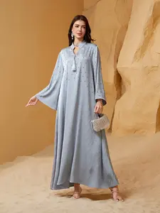 [Elegant Embellished Abaya] Elegant Embellished Abaya Dress for Women - Blue V-Neck, Long Sleeve, Floor-Length with Geometric Patterns, Perfect for Festive Occasions |   V-Neck Abaya |   Festive Attire