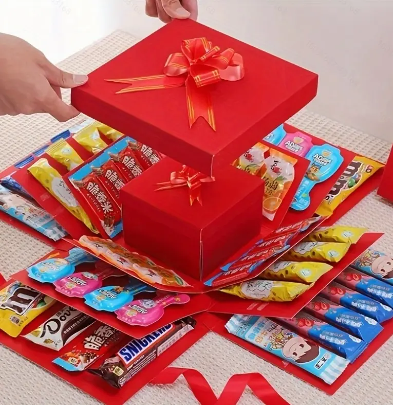 4-layer explosion gift box, 10″ x 10″ x 7″, red glitter creative gift boxes for gifts, DIY surprise gift box – explosion for birthdays, Valentine’s Day, Mother’s Day, and anniversaries (light red)