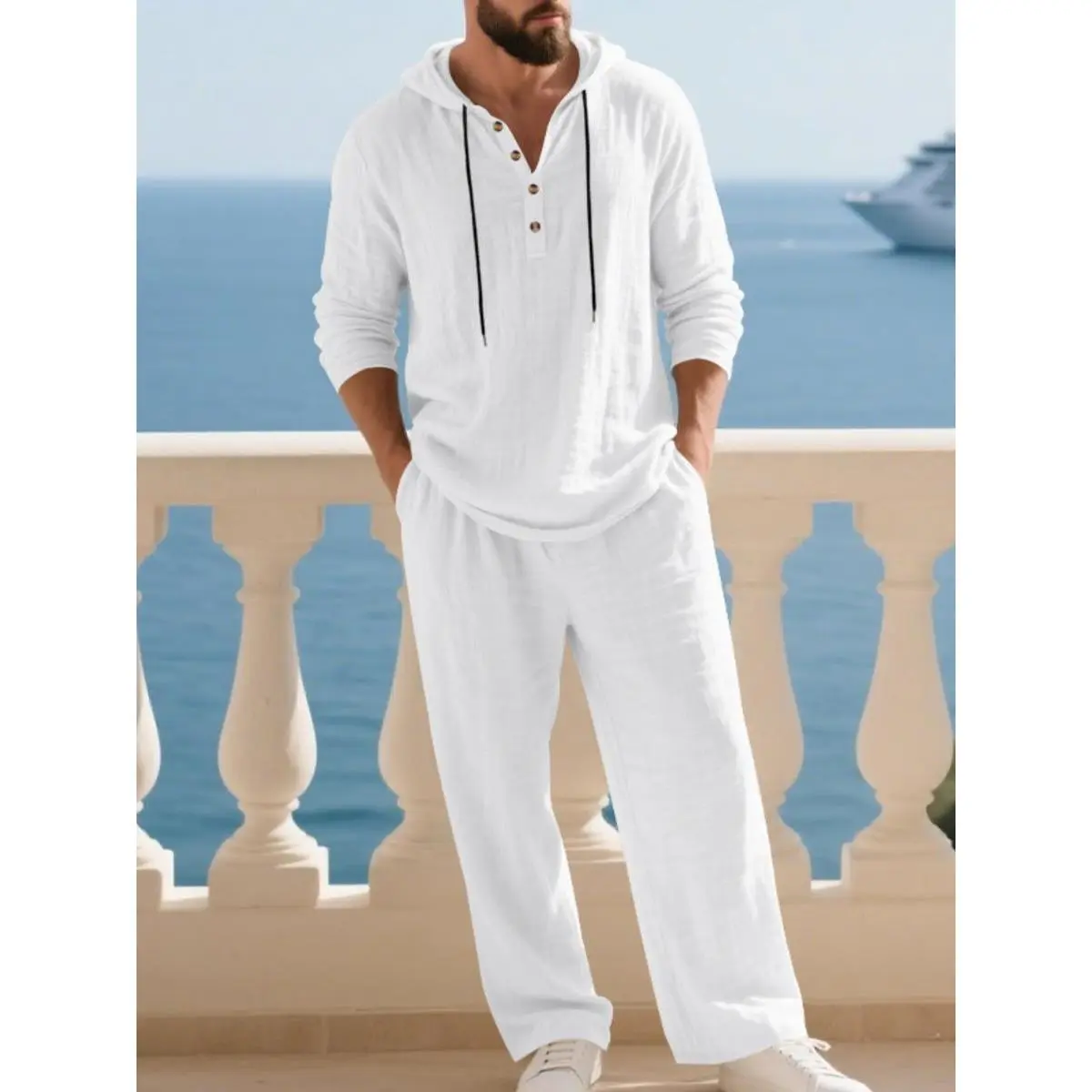 Trendy Men's Linen Two-Piece Set with Hood, Casual Vacation Style, Loose Fit, Breathable Material, Hoodie and Wide-Leg Pants, Spring and Autumn(Size runs small; order one size larger.)