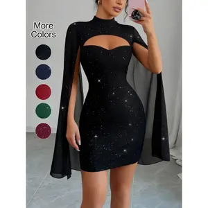 Women's Glitter Sequin Mock Neck Cut Out Bodycon Cape Dress, Sexy Fitted Waist-Defining Dress for Party, Nightclub and Date Night, Women's Fashionable and Elegant Attire