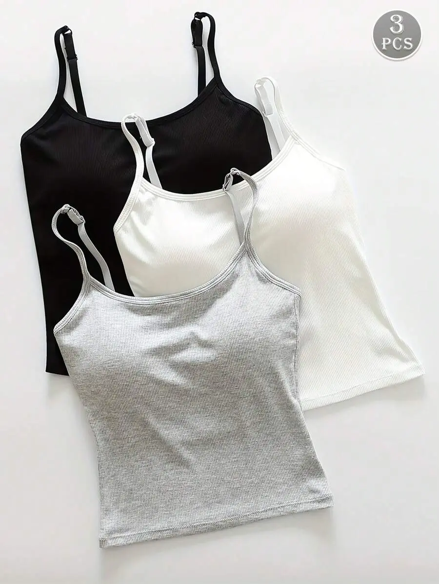 3pcs Women Plain Ribbed Camisole With Padded Bra, Casual Skinny Crop Top, Workout, Athleisure