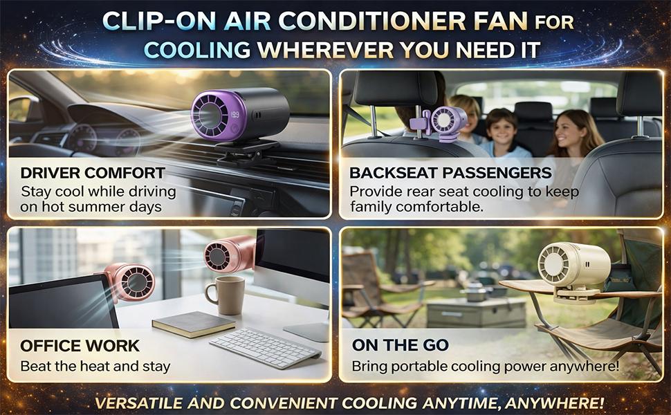 2026 New Car Clip On Air Conditioner Fan with LED Display - 360° Rotation, Portable Mini Cooling System for Auto Vehicle USB Rechargeable, 199 Speeds Adjustable, 16℃ Semi-Cooling Wide Clamp