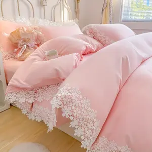Princess Style Queen 3-Piece Bedding Set - 1 Duvet Cover, 2 Pillowcases, Skin-Friendly Solid Color, Brushed Lace-Edged, Soft, Breathable, Sweat-Wicking, Exquisite, Elegant, Machine Washable