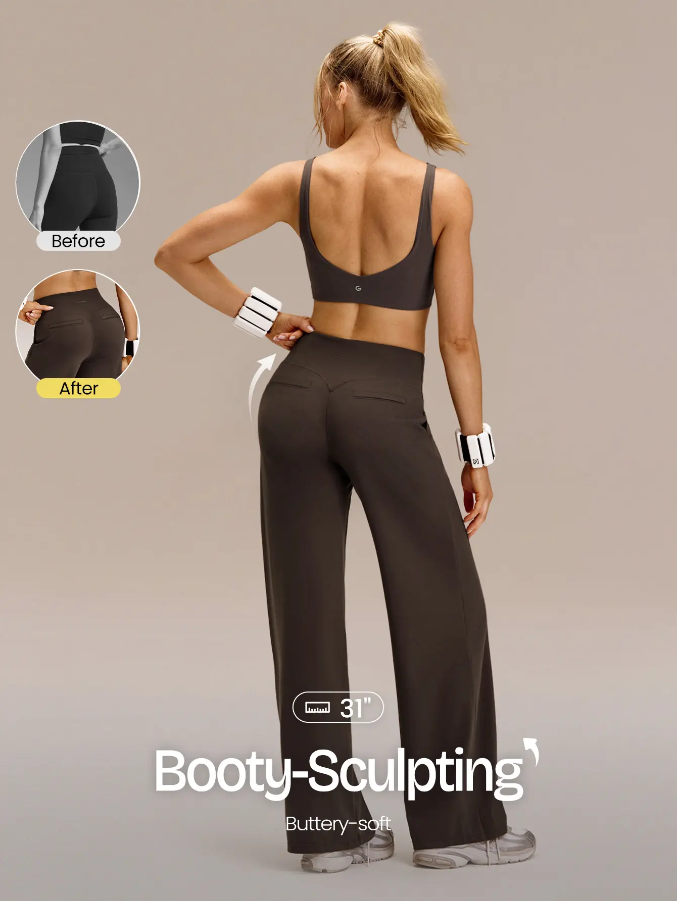 GLOWMODE 31'' FeatherFit Confident Moves Ultra Stretchy Buttery Soft Sweat Wicking Booty Sculpting Back Pocket Faux Pockets Fold Over Waistband Work Pants Low Impact Gym Studio Work Wear