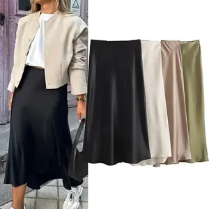 Women's Black Satin Midi Skirt, High‑Waisted Elegant Long Bottom, Fashionable Summer Office Wear, Flowy Casual Formal Daily Outfit
