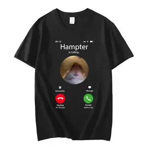 Menswear "Hampter Is Calling" Viral Hamster Meme Print T-Shirt - Unisex Classic 100% Cotton Breathable Fabric Crew Neck Casual Tee, S-3XL
