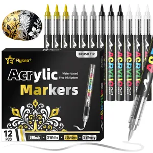 12 Pcs Paint Pens Acrylic Markers Black, White, Gold, Silver,Soft Brush Tip Water Based Marker Pens for Rock Painting, Wood, Ceramic, Glass, Acrylic Paint Markers for Egg Pumpkin
