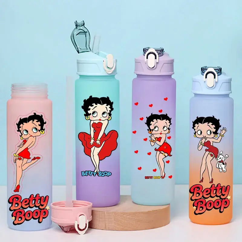 750ML Straw Cup for Betty Boop, Large Capacity Portable Plastic Rope Bottle, Gradient, Student Gift, Special Offer