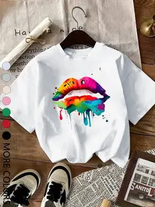 Women's Casual Fitted Short Sleeve Round Neck T-Shirt, Rainbow Stripe Print, Perfect for Outdoor Sports & Relax Days