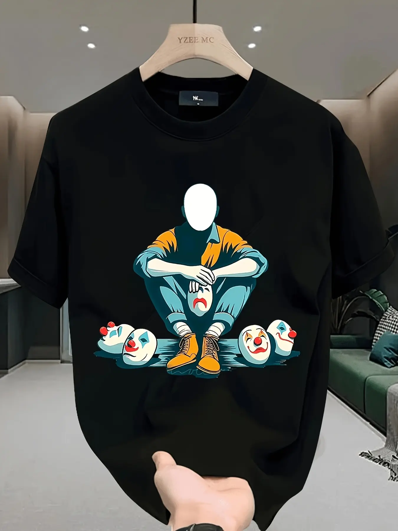 Unisex "Man With Clown Masks" Surreal Art T-Shirt |   Edgy Grunge Streetwear Casual Short Sleeve Cotton Top