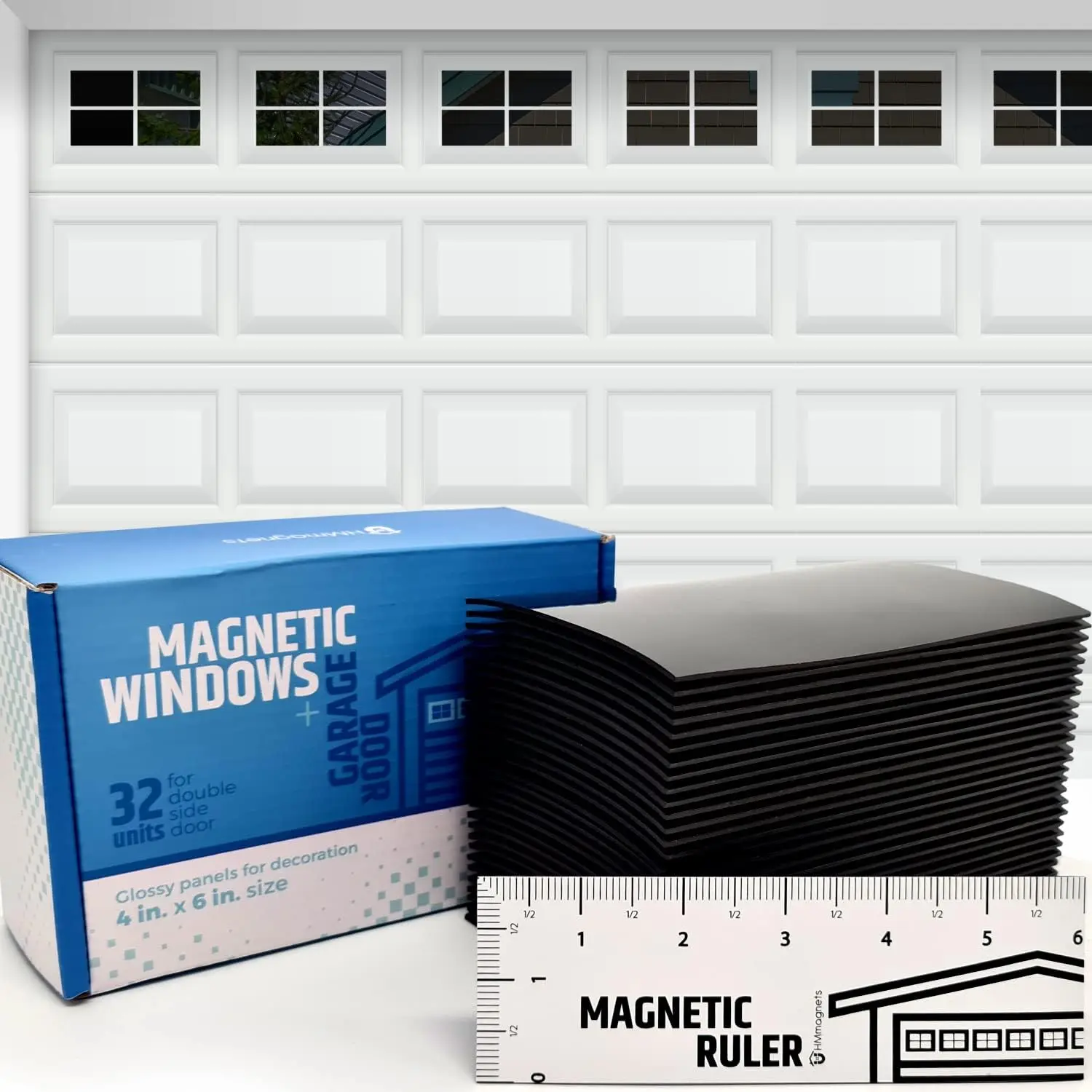 Glossy Magnetic Garage Door Windows Decorative Hardware Kit - 32pcs 4"x6" Home Improvement Set, Strong Upgraded Magnets, Magnetic Ruler for Easy Align & Install, Modern Realistic Faux Panes, Never Falls, Fits 2-Car Garage Doors, Enhances Curb Appeal