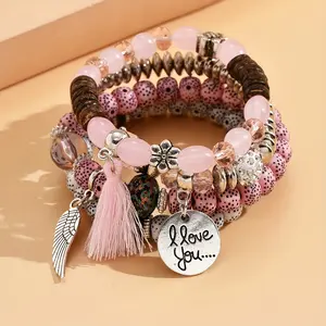 4pcs Bohemian Style Stacking Bracelets with Wings, Tassels & "I Love You" Charms, Assorted Beads, Ideal Gift for Teens And Family, Bracelet Charms