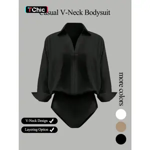 Women's casual loose V-neck long-sleeved shirt jumpsuit, elegant woven fabric, slim fit, suitable for all seasons, and can be layered flexibly.