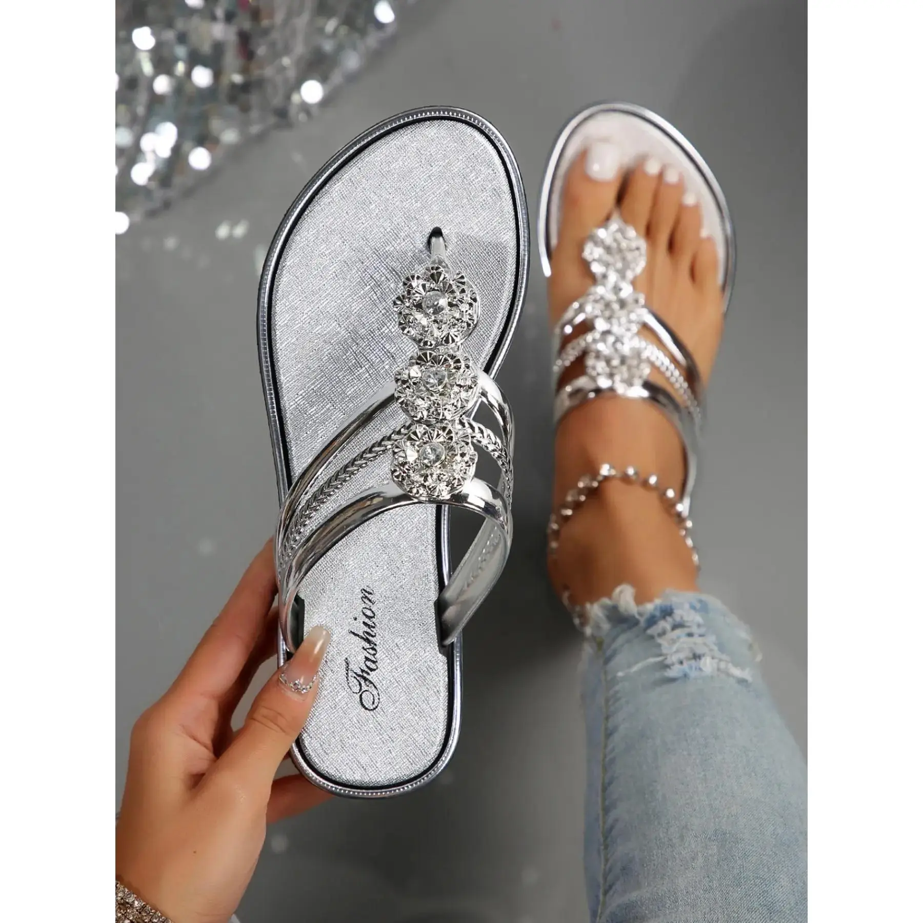 Women's Decorated Toe Thong Sandals, Open Toe Design Glitter Sandals, Lightweight Breathable Comfortable Barefoot Shoes Daily Wear, Girl Footwear, Chic Footwear, Casual Flip Flops, Casual Flat Sandals