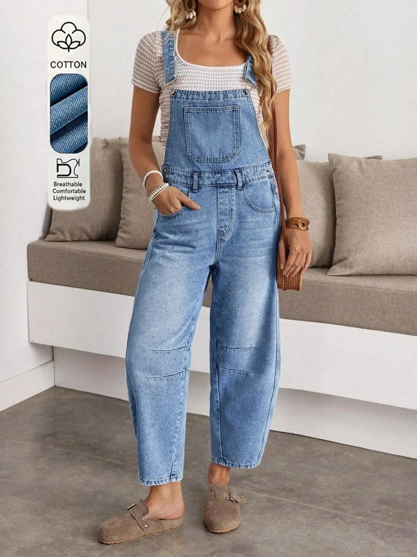 2026  Women's Simple Everyday Casual Dungarees, Fashionable and Comfortable, Bib Overalls Loose Fit Overalls Light Wash Barrel Leg Loose Jumpsuit With Adjustable Straps & Pockets, Versatile All Seasons, Style, Trendy and Cozy