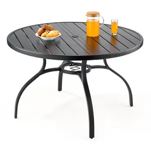 VEVOR 47 in Round Heavy Duty Outdoor Patio Dining Table, Metal Steel Slat Backyard Bistro Table, 1.5 in Umbrella Hole, Weather Resistant Outdoor Living Furniture for Lawn Garden, Heavy Duty Table