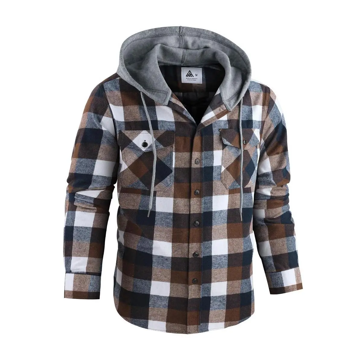Men's Hooded Plaid Shirt, Casual Fitted Long Sleeve Checked Button-Down Sweatshirt with Pockets and Drawstring, Menswear