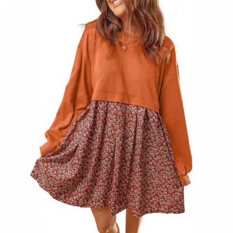 Asvivid Women Floral Patchwork 2 in 1 Mini Dress Round Neck Long Balloon Sleeve High Waist Flared Ribbed Cuff Casual Comfy Daily Wear