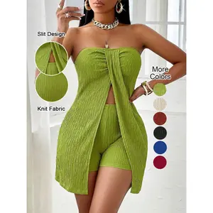 Women's Summer Plain Textured Fabric Twist Front Split Sleeveless Top Short Elastic Pants Set, Elegant Slim-Fitting Two-Piece