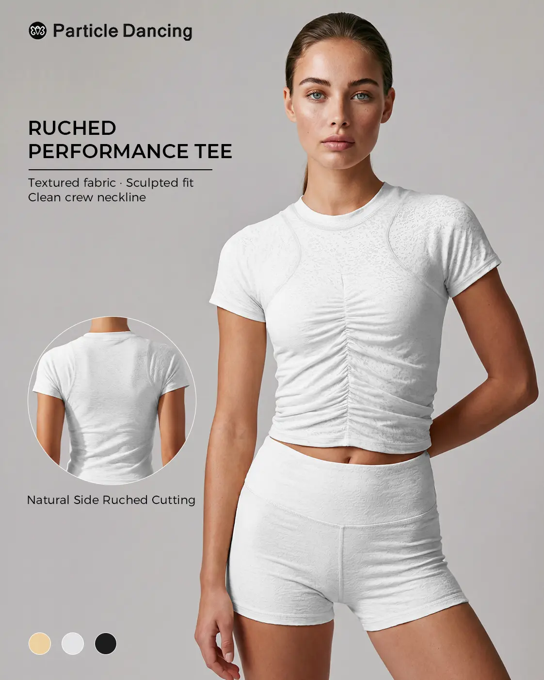 Women's Ruched Short Sleeve Crop Top, Slim Tight Textured Polyamide Blend Workout Wear for Universal Sport & Yoga, Machine Wash