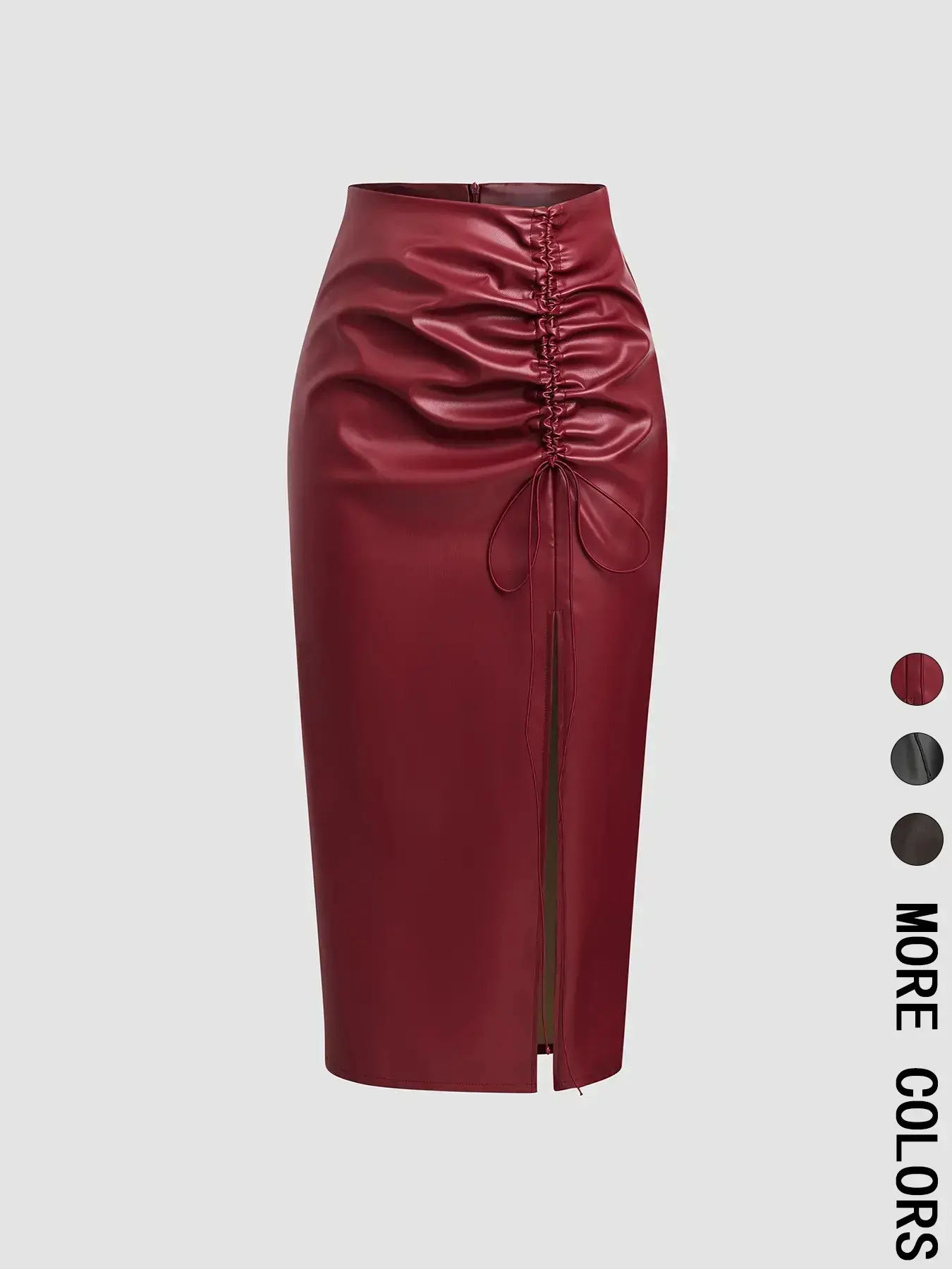 Women's Ruched Adjustable Drawstring Split Thigh Pu Leather Skirt, Fashion Casual Fit High Waist Long Skirt for Daily Wear, Women's Bottoms for Spring & Fall, Womenswear, Lady