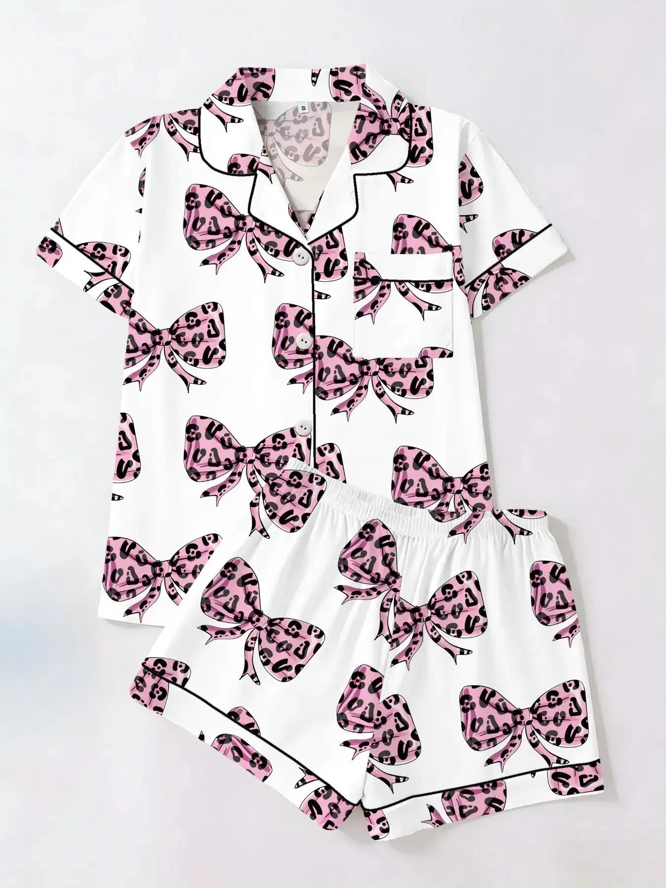 Trendy Dopaamine Girl, Colorblock Leopard Bow Printed Short Sleeve Shirt Shorts Set, Casual Fitted Two-Piece Suit for All Seasons Nightwear Pajama Loungewear