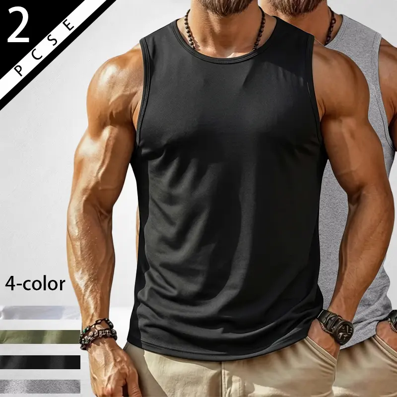 Tank Tops for Men 2 Pack 100% Cotton Sleeveless Shirts, Ultra Breathable Moisture Wicking Soft Comfortable, Loose Fit Crew Neck 4 Colors Optional, Fashion Versatile All Match Undershirts for Gym Workout Running Beach Casual Daily Summer Wear