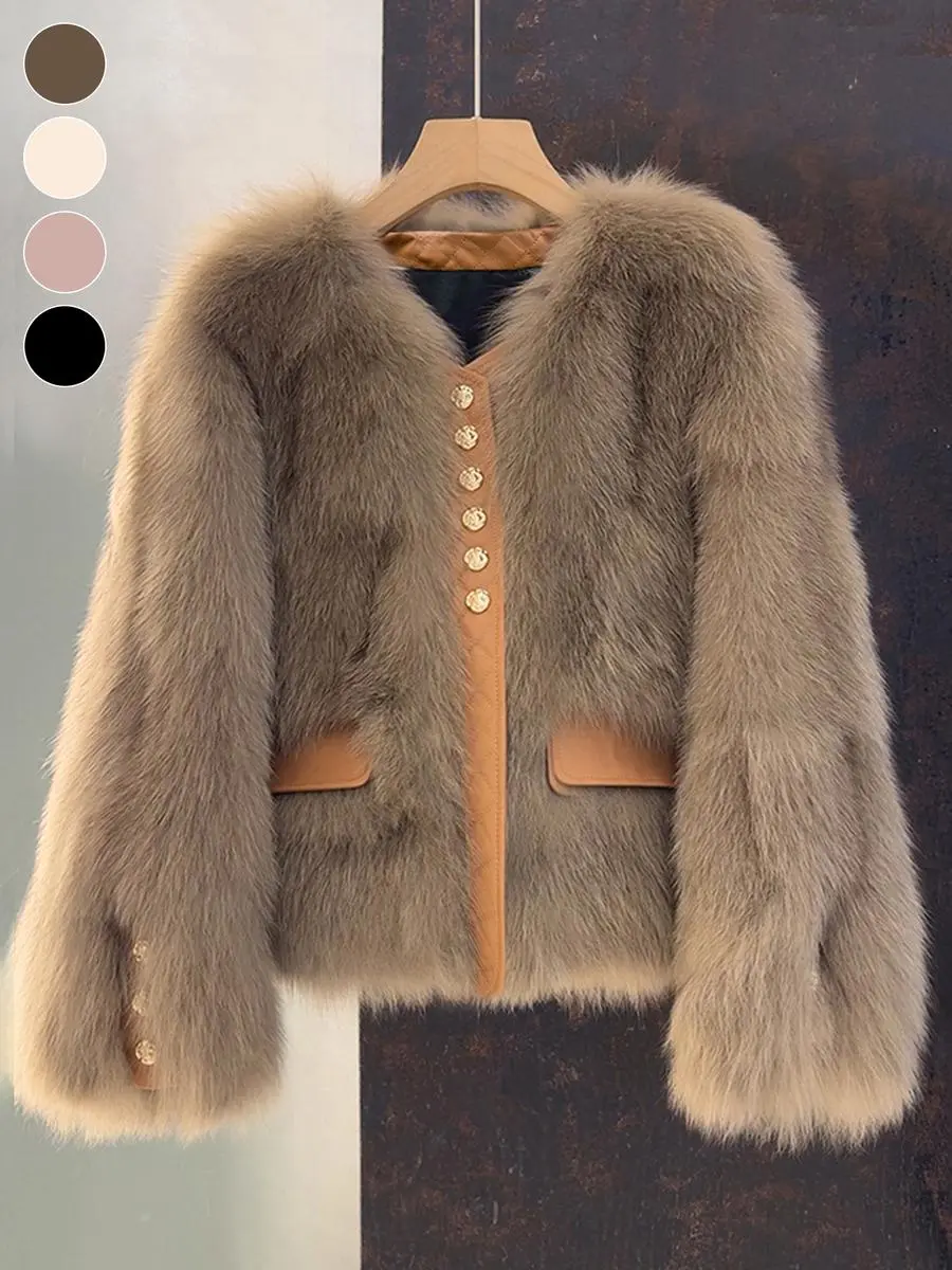 Women's Faux Fox Fur Long Sleeve Jacket, Short Autumn Winter Outerwear With Contrast Trim, New Korean Style Patchwork Coat, Jackets