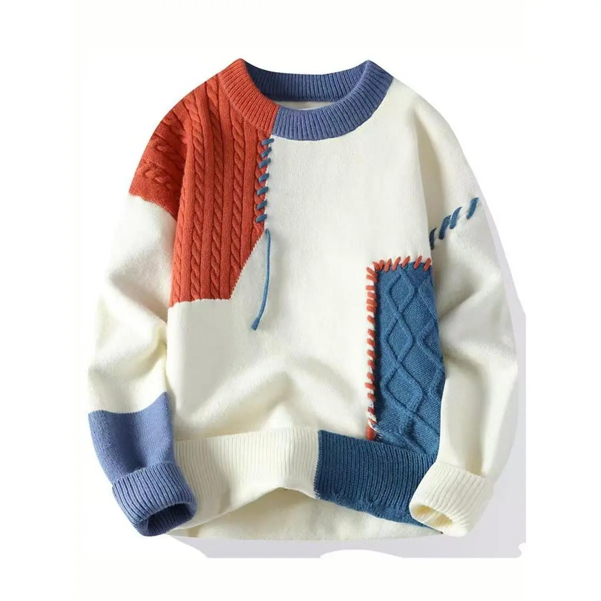 Men's Slim-Fitting Patchwork Knit Pullover, Casual Round Neck Long Sleeve Sweater with an Asymmetrical Cut, Fitted, Cold Wash, Hand Wash Only, Normal Type, Tops, Menswear, Single Jersey