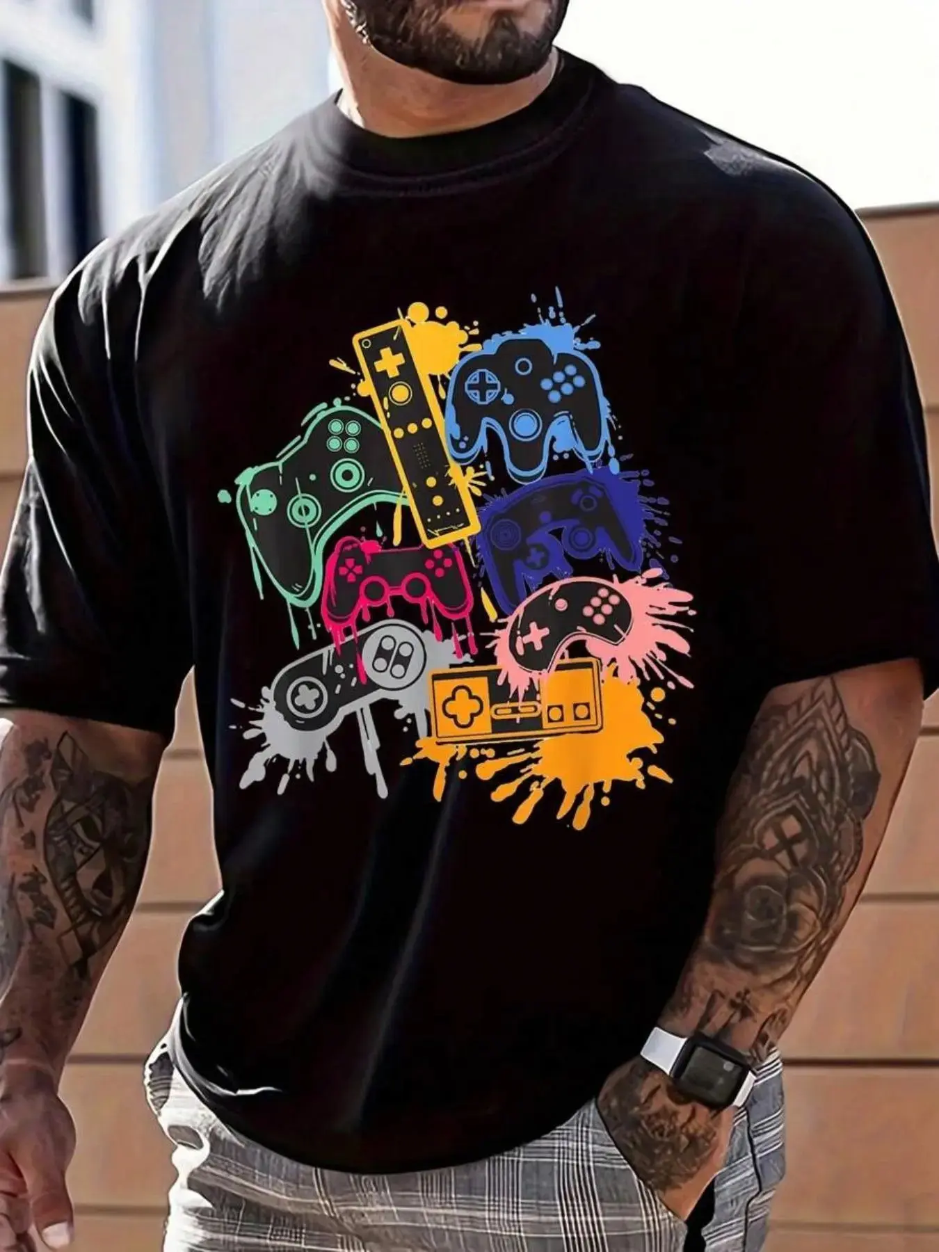 Men's Cartoon Game Controller Graphic Print Round Neck Tee, Regular Fit Stretch Casual Streetwear Short Sleeve T-shirt, Men's Summer Top for Daily Wear, Menswear