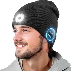 Bluetooth Beanie Hat with Light, USB Rechargeable LED Headlamp with Wireless Headphones,   Valentine’s Day   Stocking Stuffers for Men, Teen Boys, Him, Husband, Boyfriend, Black，Unique Christmas Gifts for Family Holiday Hiking Outdoor Warm Adjustable 