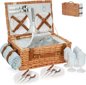 4-person wicker picnic basket set| Large wicker basket, equipped with a large insulated cooling compartment, waterproof blanket, and cutlery set