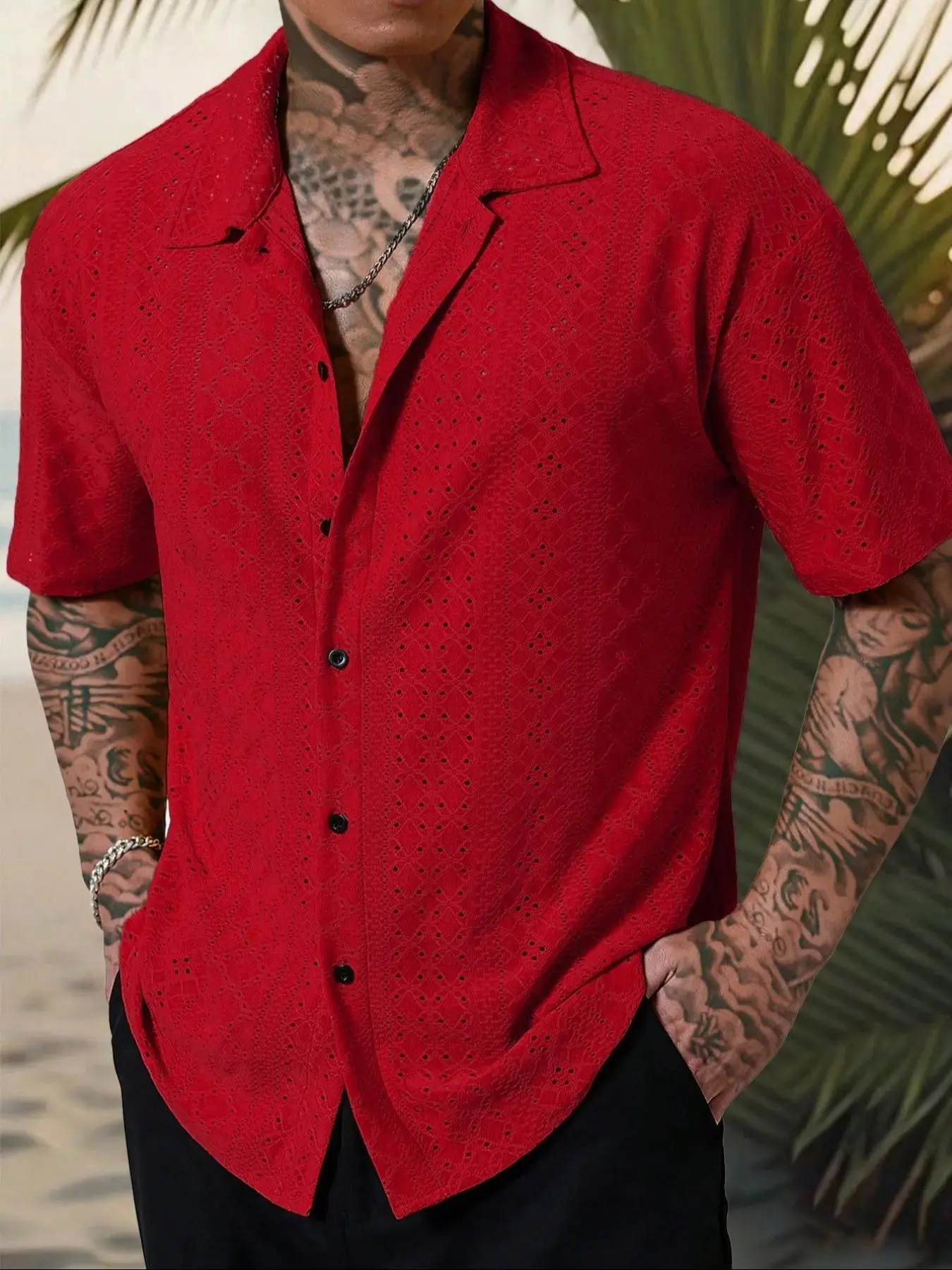 Casual Plain Crochet Textured Jacquard Knitted Loose Short-Sleeve Tropical Menswear Shirt for Hawaiian Beach